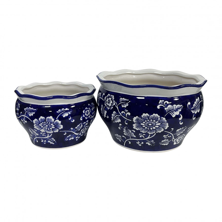 Sagebrook - 6"/8" Ceramic Round Chinoisere Planters (Set Of 2) in Blue/White