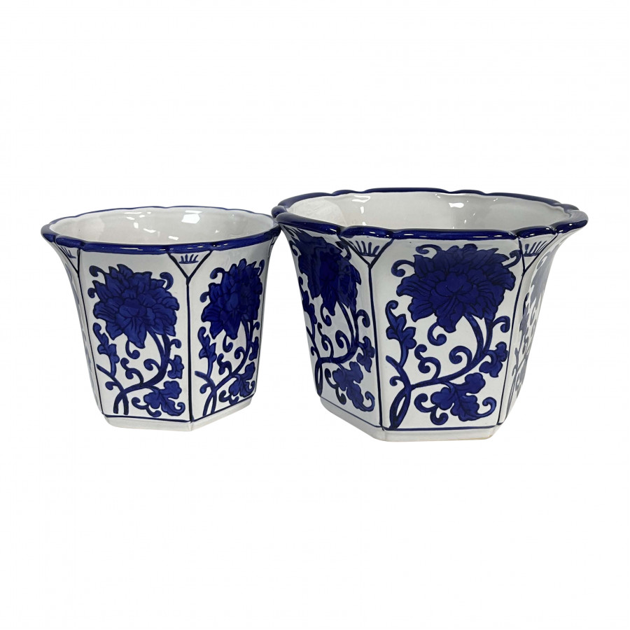Sagebrook - 6"/8" Ceramic Fluted Chinoiserie Planters (Set Of 2) in Blue/White