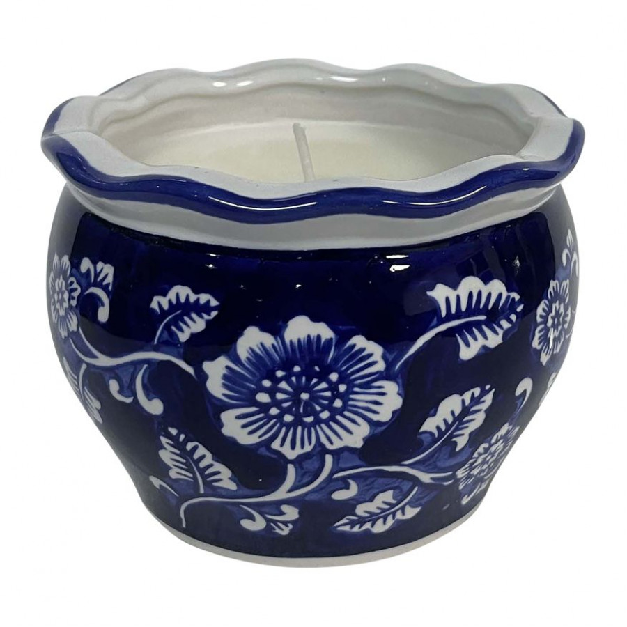 Sagebrook - 4" 7 Oz Round Chinoiserie Candle in Blue/White