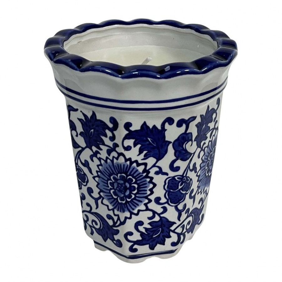 Sagebrook - 4" 7 Oz Fluted Chinoiserie Candle in Blue/White