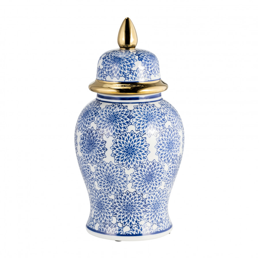 Sagebrook - 14" Temple Jar with Dalhia Flower in Blue/White