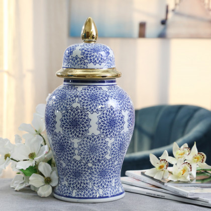 Sagebrook - 14" Temple Jar with Dalhia Flower in Blue/White