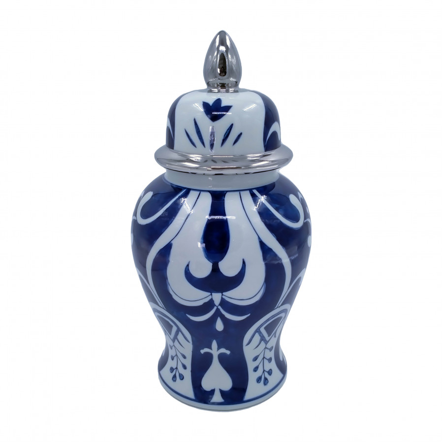 Sagebrook 14" Ceramic White/Blue Temple Jar - Silver