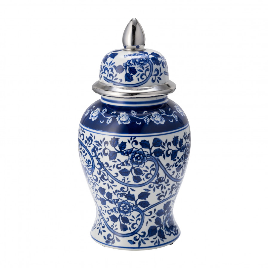 Sagebrook 14" Ceramic Blue/White Temple Jar - Silver