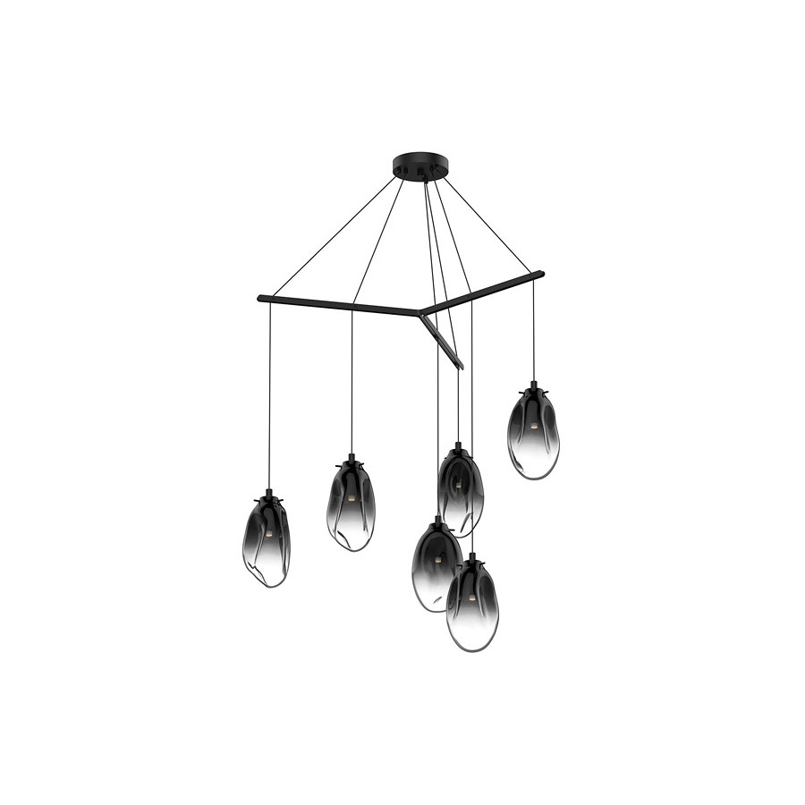 Sonneman Liquid LED Chandelier - Satin Black, 6-Light Standard, Tri-Spreader, Smoke Fade Glass
