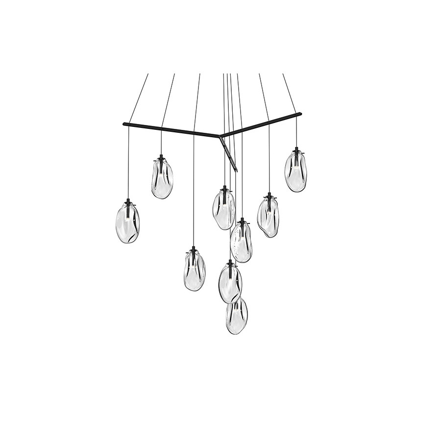 Sonneman Liquid LED Chandelier - Satin Black, 9-Light Standard, Tri-Spreader, Clear Glass