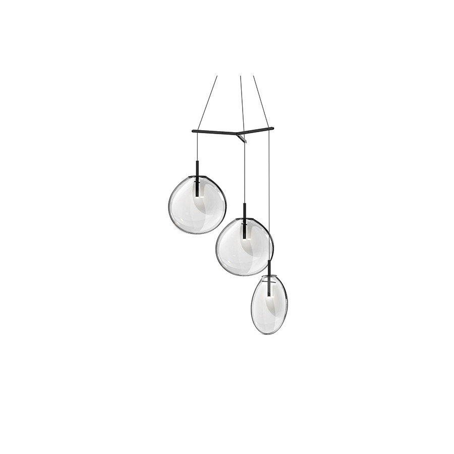 Sonneman Cantina LED Chandelier - Satin Black, Large 3-Light Tri-Spreader, Clear Glass