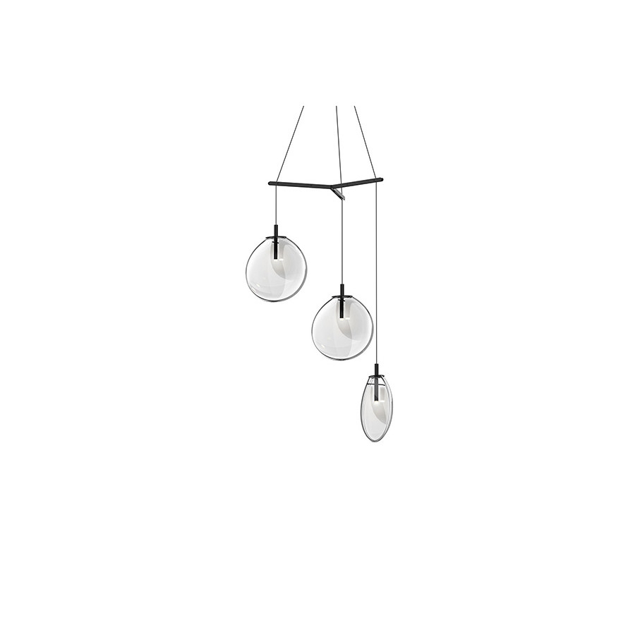 Sonneman Cantina LED Chandelier - Satin Black, Medium 3-Light Tri-Spreader, Clear Glass