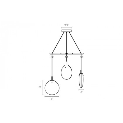 Sonneman Cantina LED Chandelier - Satin Black, Small 3-Light Tri-Spreader, Clear Glass