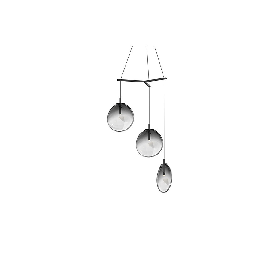 Sonneman Cantina LED Chandelier - Satin Black, Medium 3-Light Tri-Spreader, Smoke Fade Glass