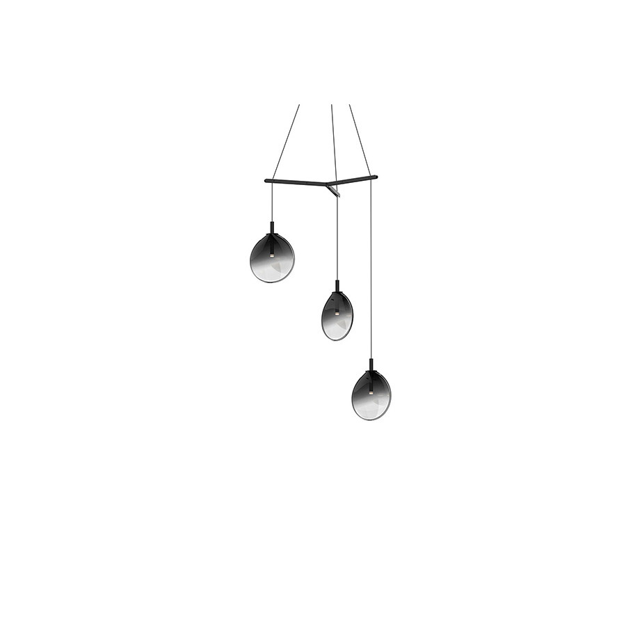 Sonneman Cantina LED Chandelier - Satin Black, Small 3-Light Tri-Spreader, Smoke Fade Glass