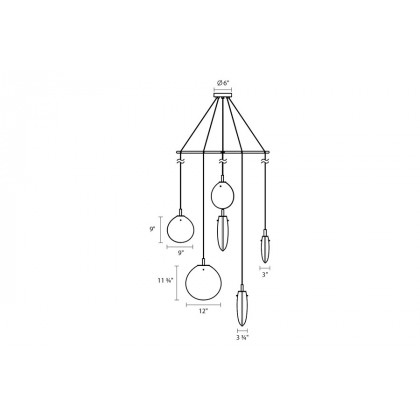 Sonneman Cantina LED Chandelier - Satin Black, 6-Light Tri-Spreader, Clear Glass