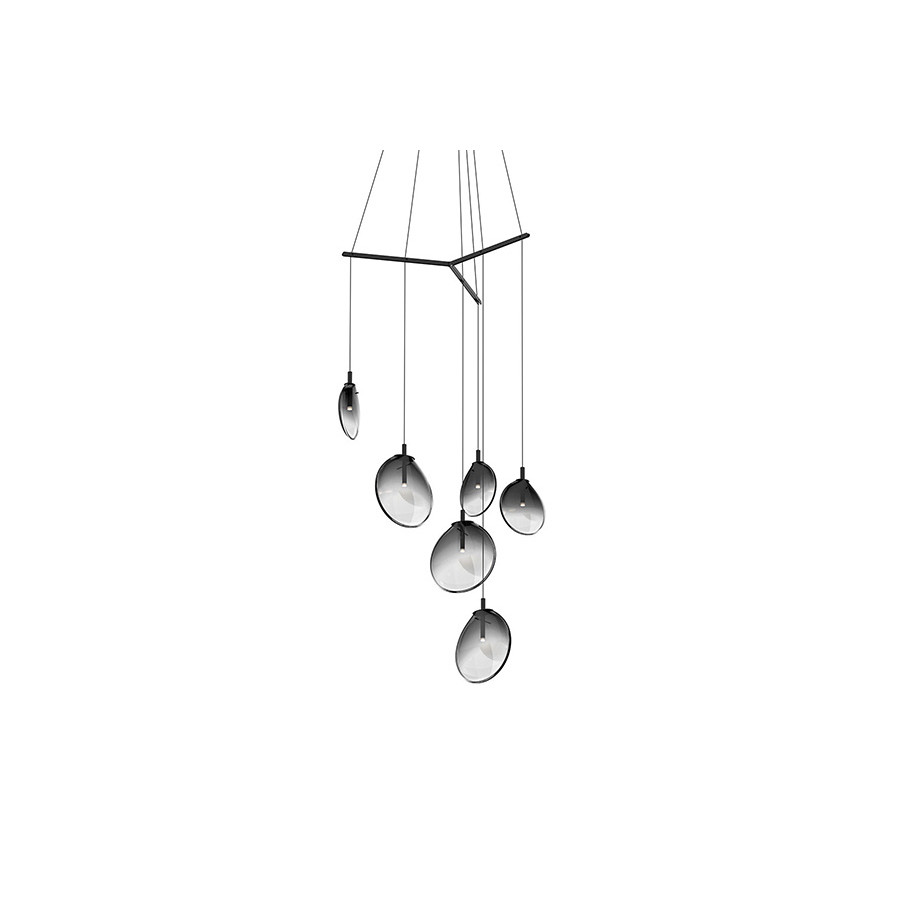 Sonneman Cantina LED Chandelier - Satin Black, 6-Light Tri-Spreader, Smoke Fade Glass