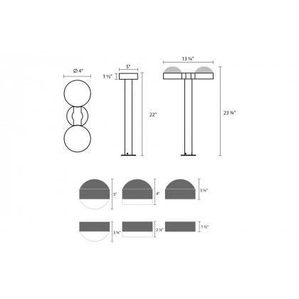 Sonneman REALS LED Double Bollard - Textured Gray, 22", Plate Caps and Clear Cylinder Lenses