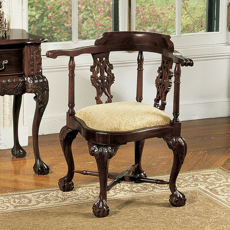 Toscano - Chippendale Corner Chair in Beige, Fabric/Mahogany