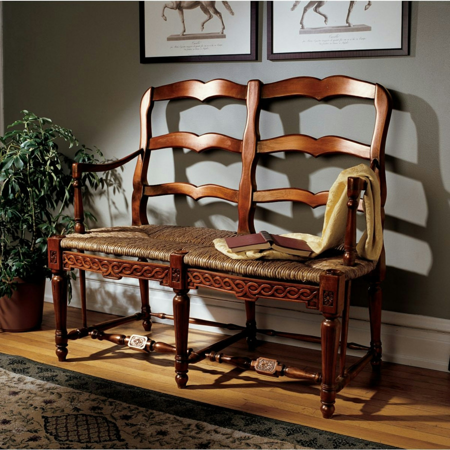 Toscano - French Provincial Settee in Brown, Woven Rush/Mahogany