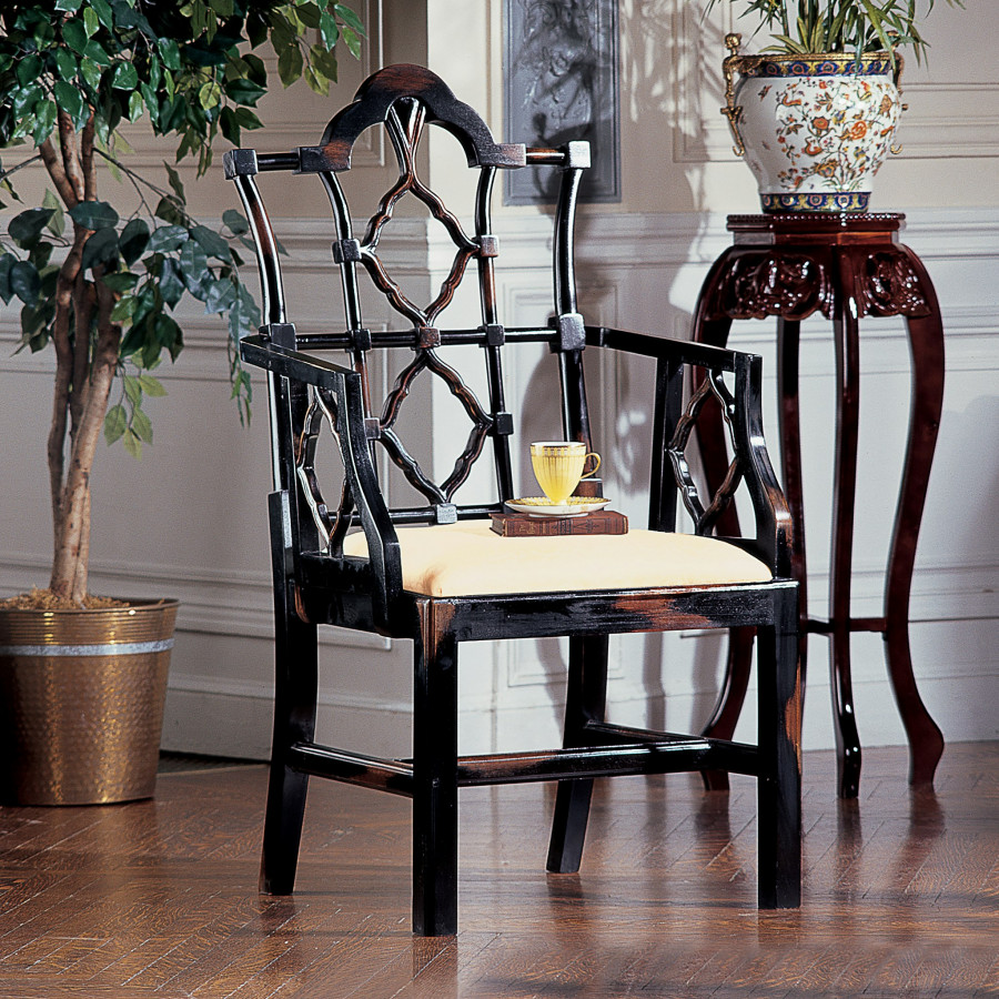 Toscano - Chinese Chippendale Chair in Beige, Fabric/Mahogany