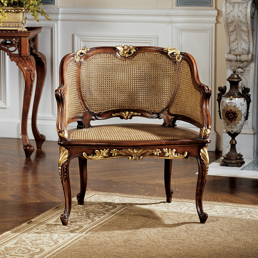 Toscano - French Louis XV Rattan Chair in Beige, Fabric/Mahogany