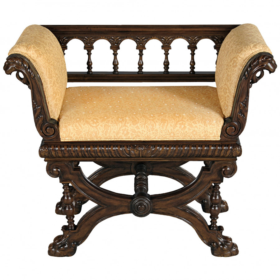 Toscano - Double Griffin Colonnade Bench in Beige, Fabric/Mahogany