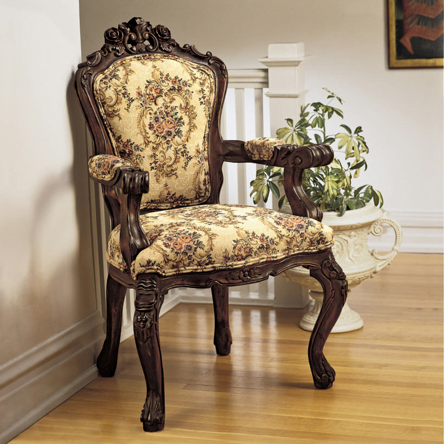 Toscano - Carved Rocaille Chair in Beige, Fabric/Mahogany