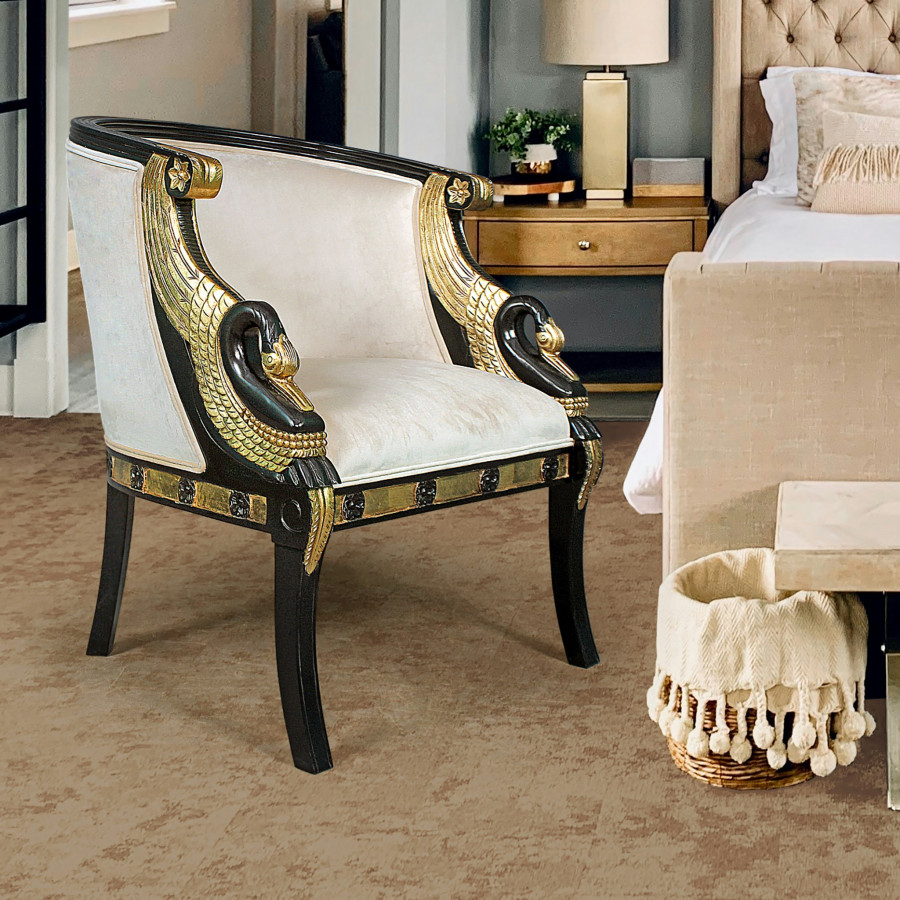 Toscano - Neoclassical Graceful Swans Tub Chair in Ivory, Velvet