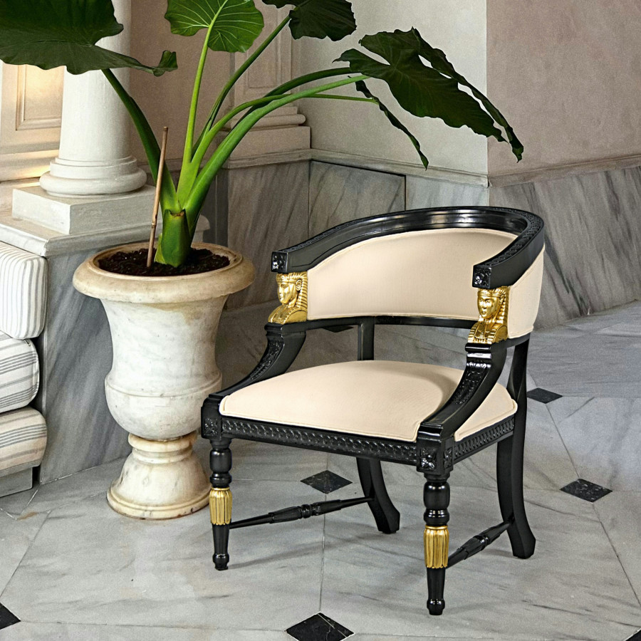 Toscano - Neoclassical Egyptian Revival Chair in Beige, Fabric/Mahogany