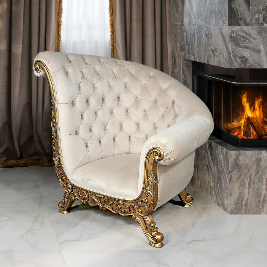 Toscano - Lombard Art Deco Winged Sofa Chair in Ivory, Velvet