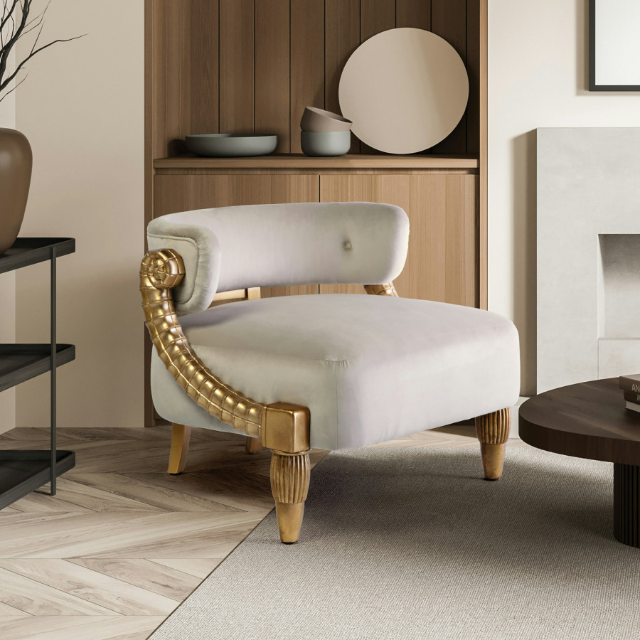 Toscano - Contemporary Ammon Horn Tub Chair in Ivory/Gold, Velvet/Mahogany