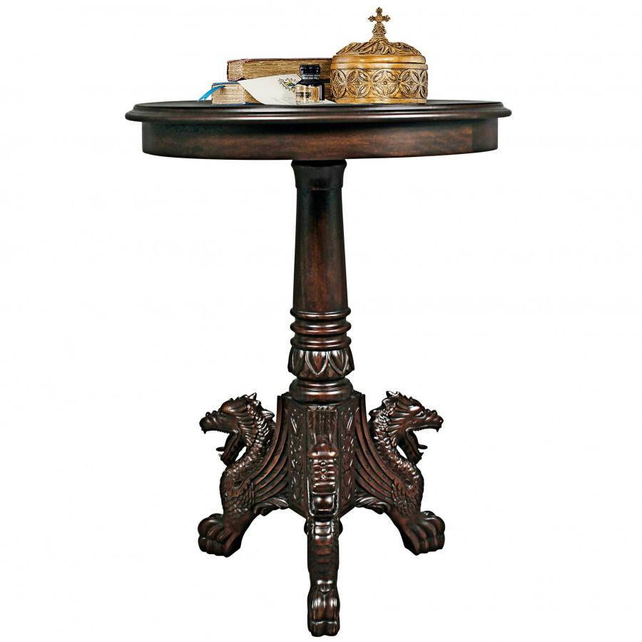 Toscano - Medival Heraldic Dragon End Table in Cherry, Mahogany