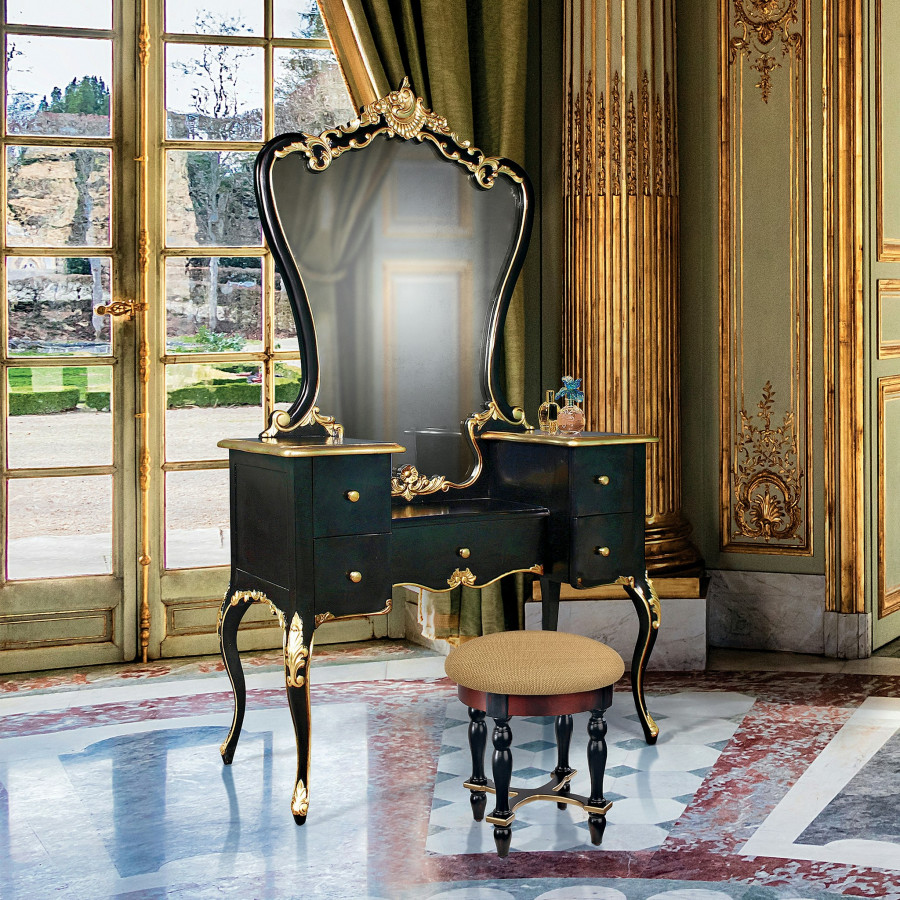 Toscano - Isabella Waterfall Vanity Dressing Table with Mirror in Black/Gold