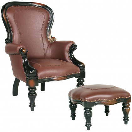 Toscano - Victorian-Style Wing Chair with Ottoman in Brown, Faux Leather
