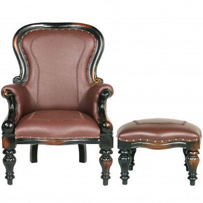 Toscano - Victorian-Style Wing Chair with Ottoman in Brown, Faux Leather