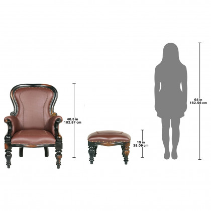 Toscano - Victorian-Style Wing Chair with Ottoman in Brown, Faux Leather