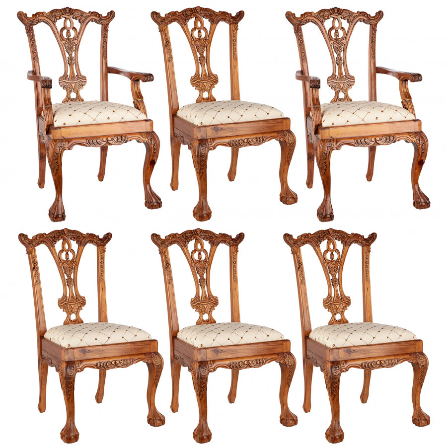 Toscano - Set of 6 English Chippendale Chairs in Pine, Wood