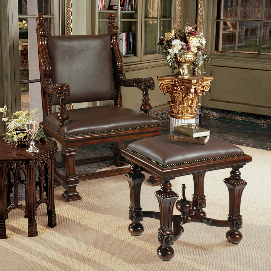 Toscano - Lord Cumberland Throne Chair with Footstool in Cherry, Leather/Mahogany