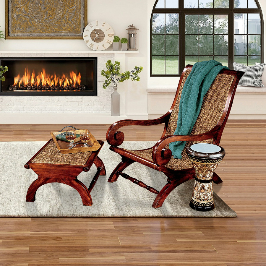 Toscano - British Plantation Chair with Footstool in Beige, Fabric/Mahogany
