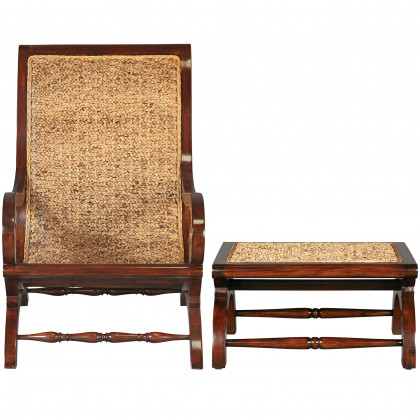 Toscano - British Plantation Chair with Footstool in Beige, Fabric/Mahogany