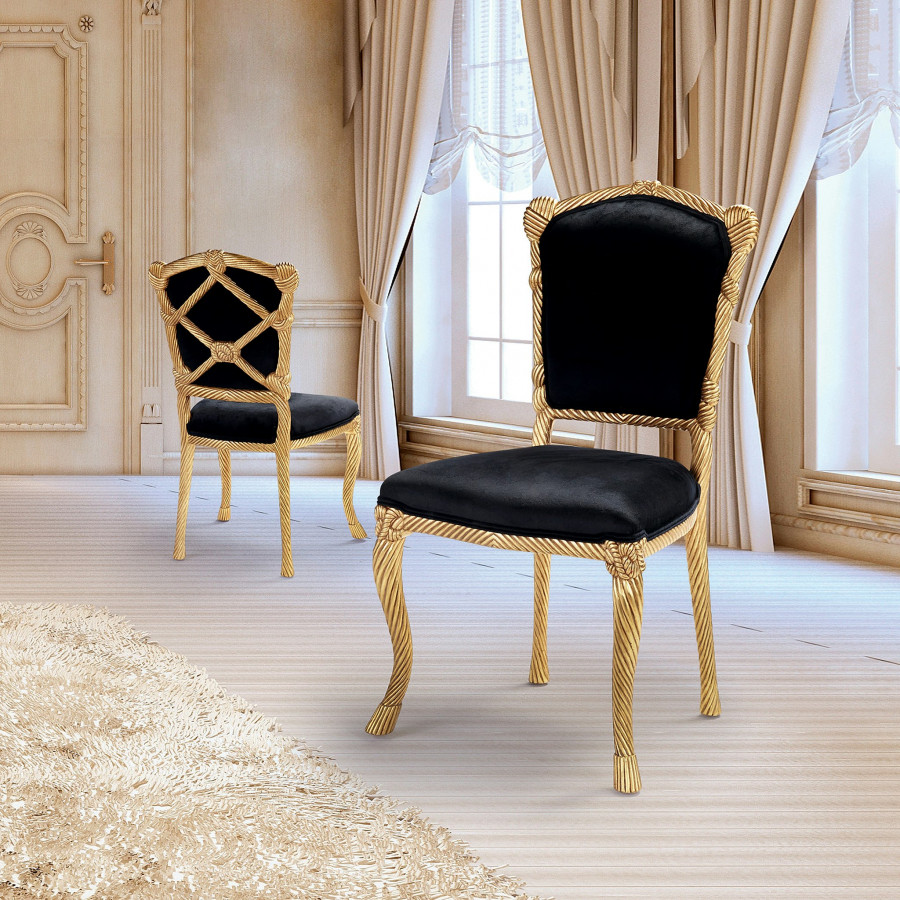 Toscano - Set of 2 Chateau de Compiegne Rope and Tassel Chairs in Ebony/Gold, Velvet/Mahogany