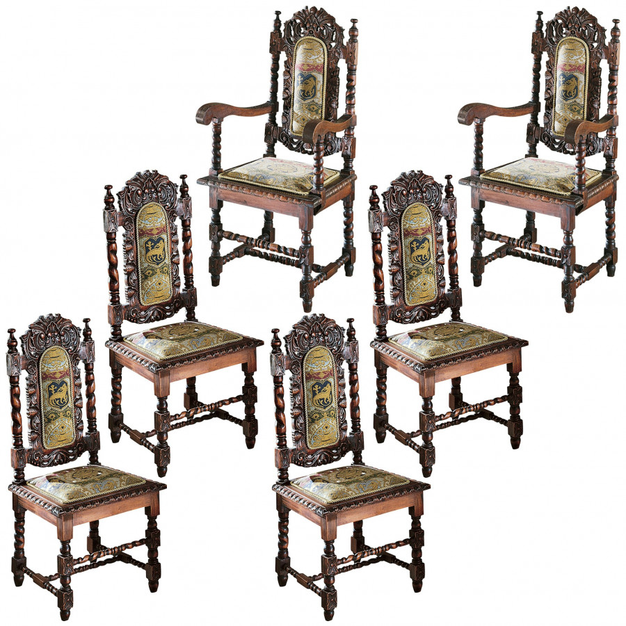 Toscano - Set of 6 Charles II Chairs in Fabric/Mahogany