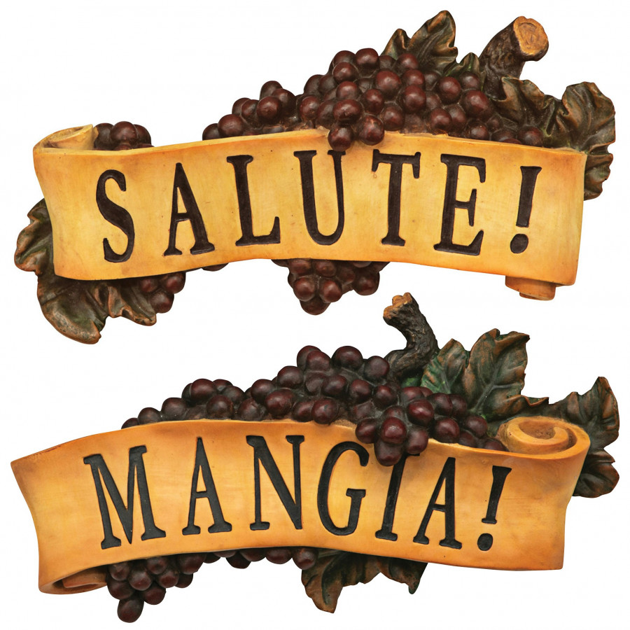 Toscano - Set of 2 Salute and Mangia Italian Signs Grape Wall Sculptures