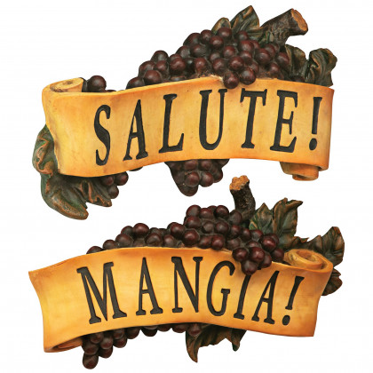 Toscano - Set of 2 Salute and Mangia Italian Signs Grape Wall Sculptures