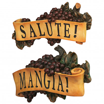 Toscano - Set of 2 Salute and Mangia Italian Signs Grape Wall Sculptures