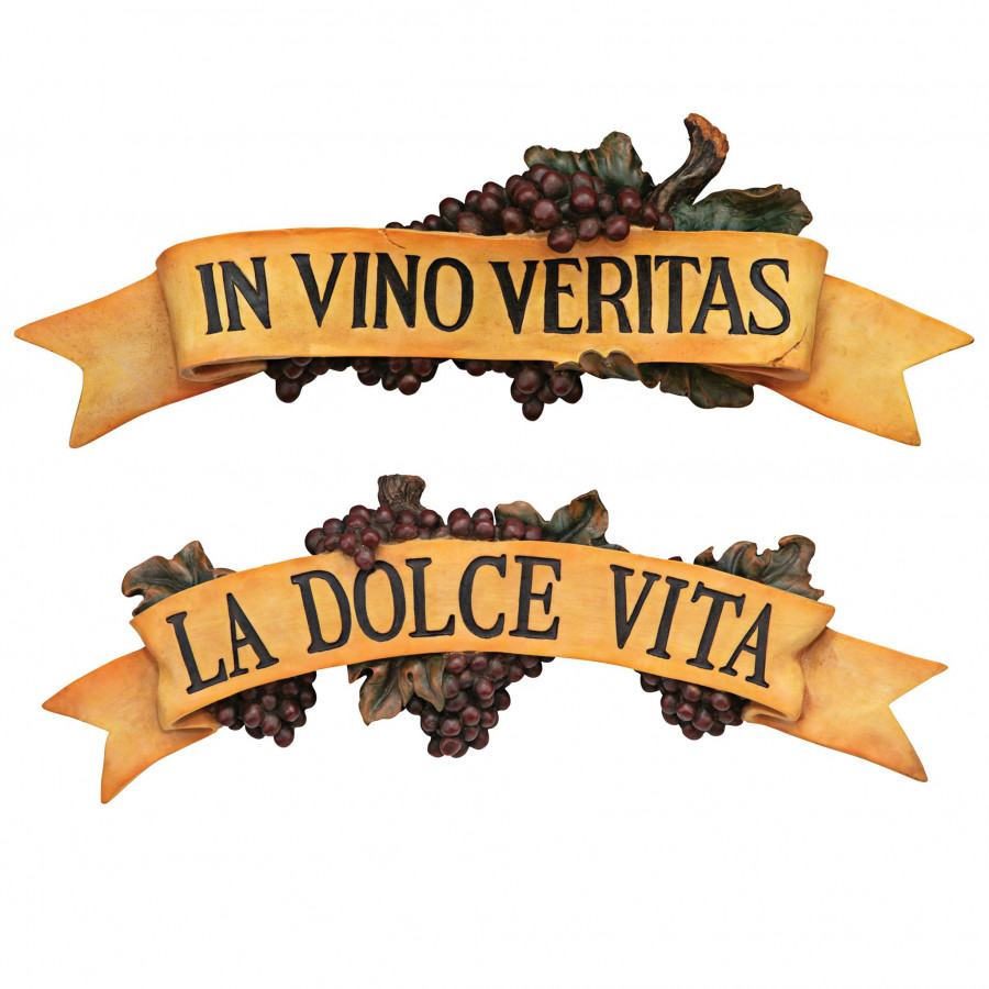 Toscano - Set of 2 La Dolce Vita and In Vino Veritas Italian Signs Grape Wall Sculpture