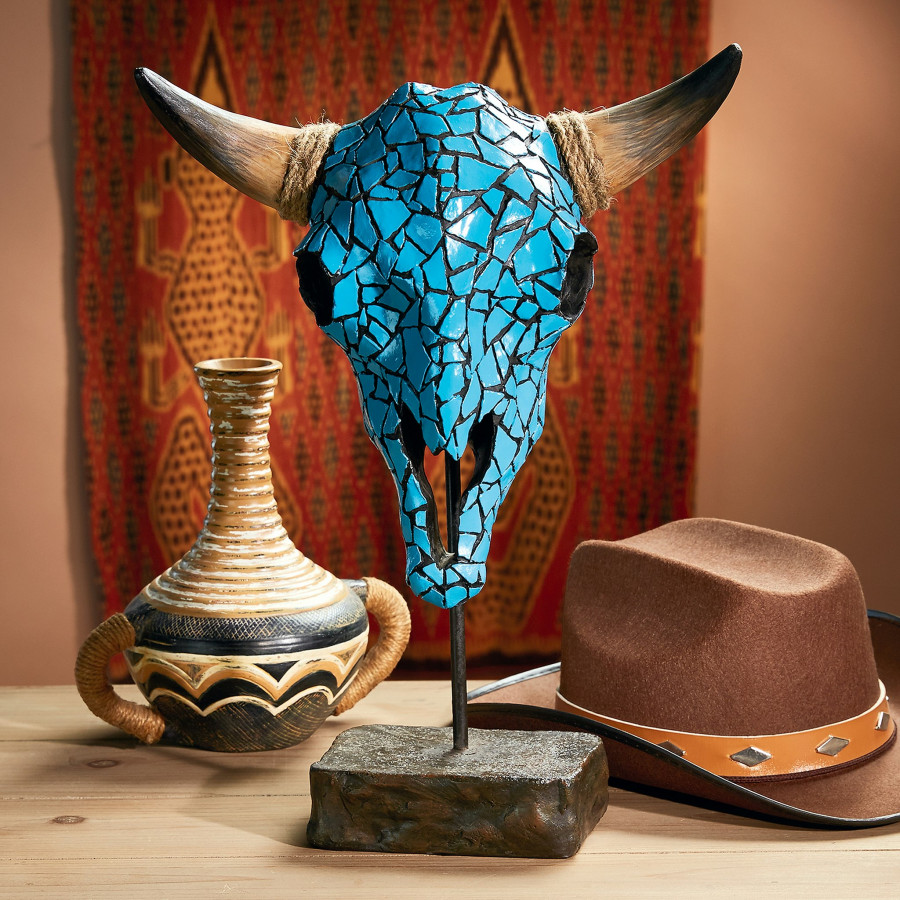 Toscano - Western Faux Turquoise Encrusted Cow Skull Statue