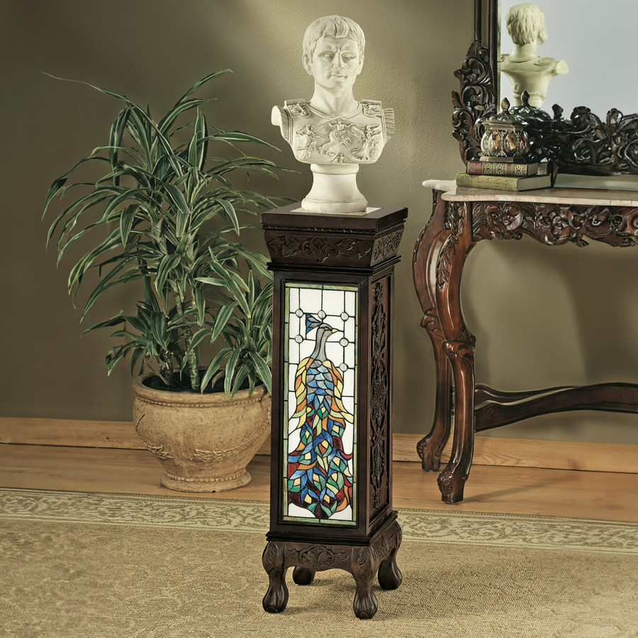 Toscano - Peacock Stained Glass Illuminated Hand-Crafted Pedestal