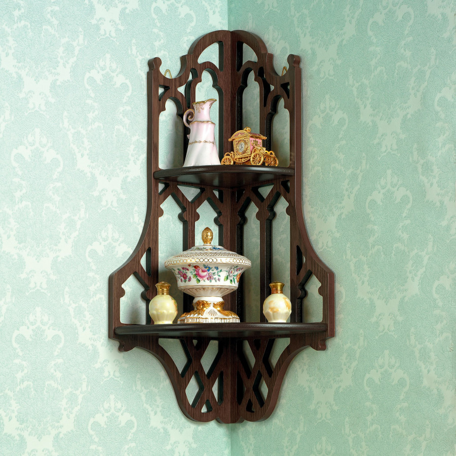 Toscano - Canterbury Cathedral Gothic Corner Wall Shelf in Walnut, Hardwood