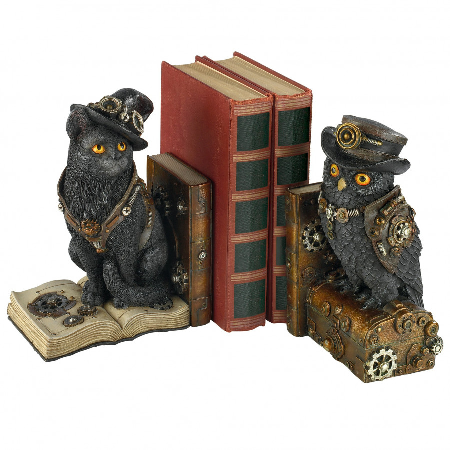 Toscano - Knowledge Seekers Steampunk Cat and Owl Sculptural Bookend Pair in Designer Resin