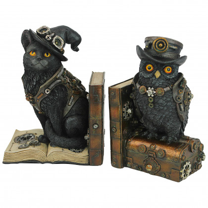 Toscano - Knowledge Seekers Steampunk Cat and Owl Sculptural Bookend Pair in Designer Resin