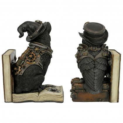 Toscano - Knowledge Seekers Steampunk Cat and Owl Sculptural Bookend Pair in Designer Resin