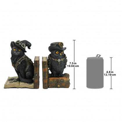 Toscano - Knowledge Seekers Steampunk Cat and Owl Sculptural Bookend Pair in Designer Resin